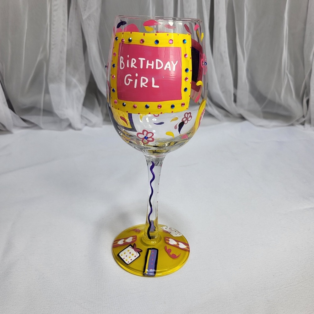 Lolita 15oz Birthday Girl Pink Yellow‎ w. Rhinestones Hand Painted Wine Glass